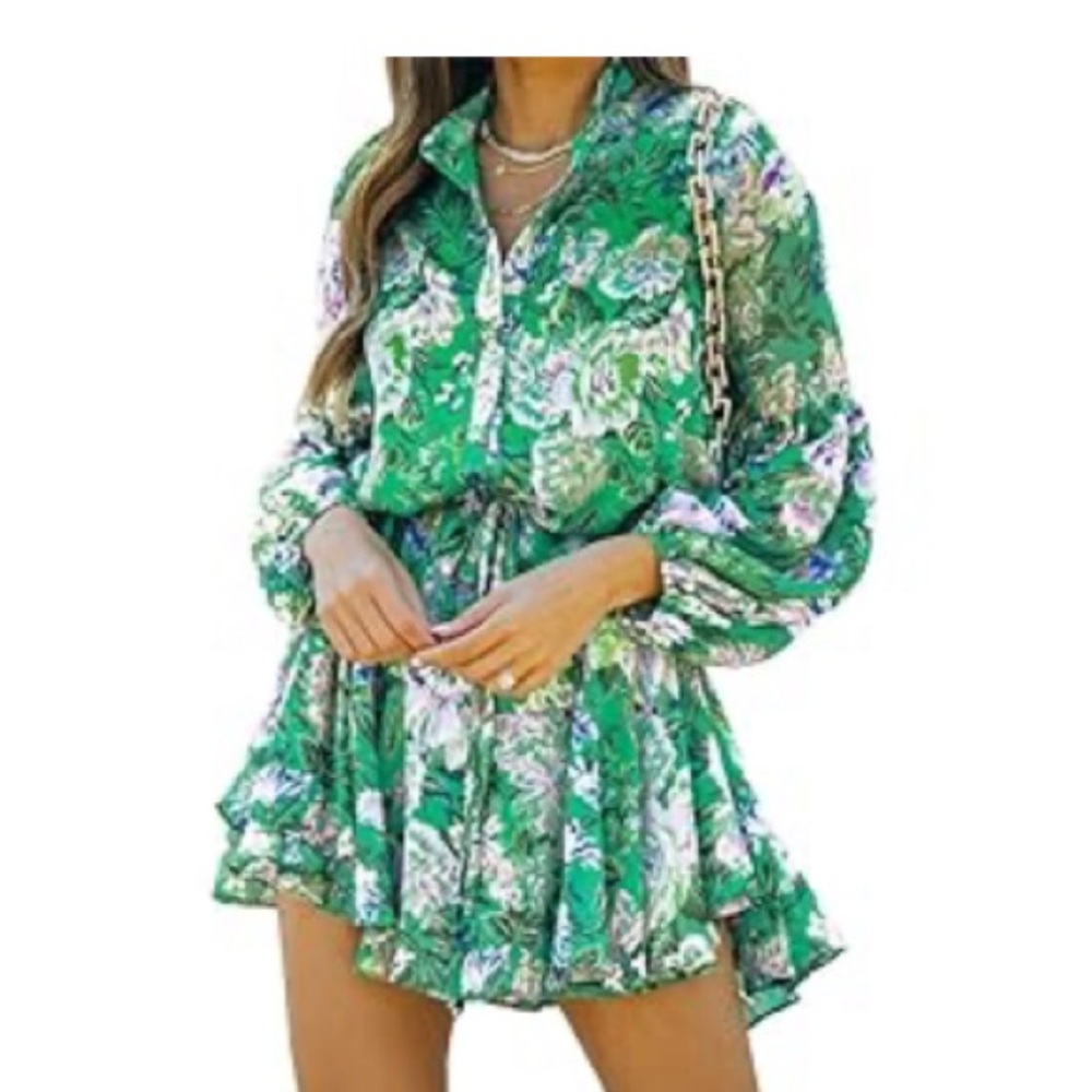 Long Sleeves Button Up Tie Waist Floral Chiffon Dress